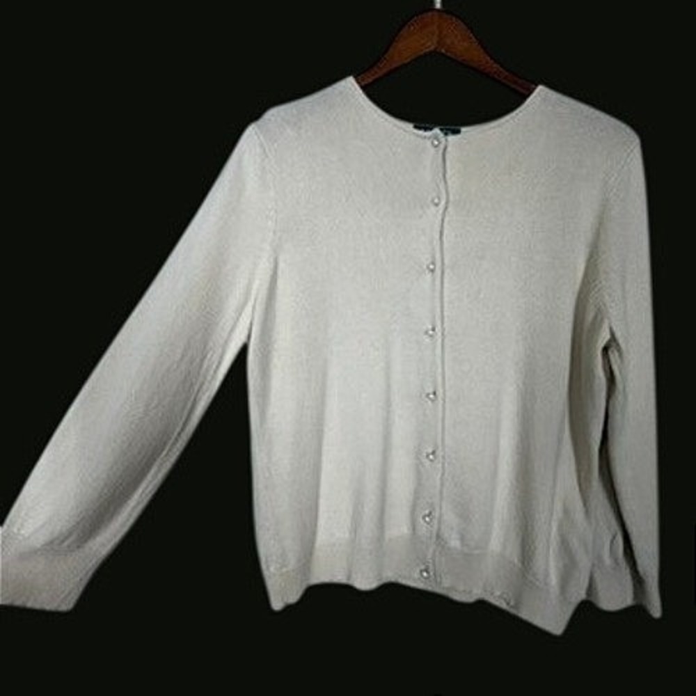 Lauren Ralph Lauren Women's Cardigan XL Cream Silk Cashmere Pearl Button Logo